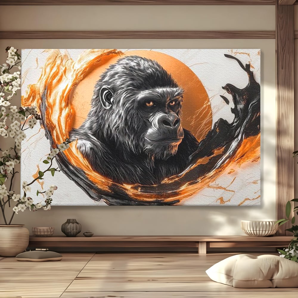 Tablou canvas cu tablou canvas cu gorila si cerc de foc, fara rama, pe sasiu de lemn